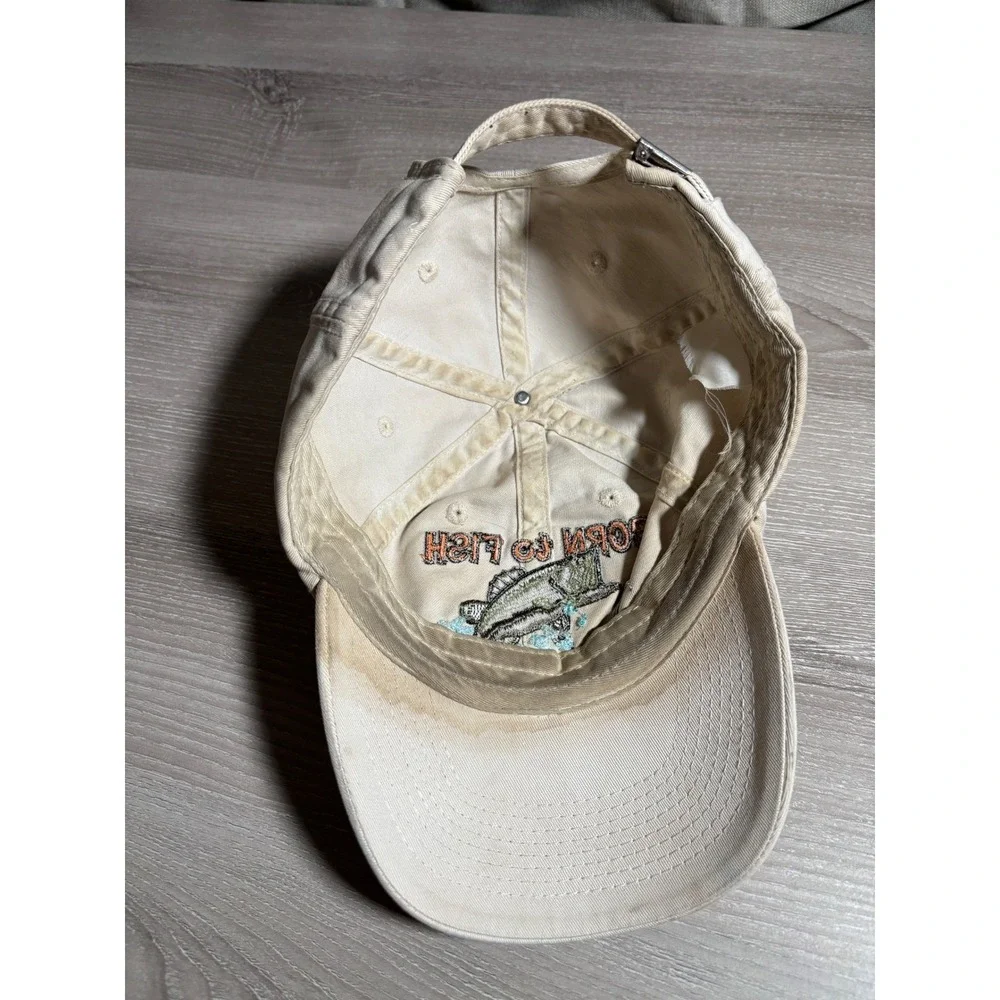 Born to Fish Forced to Work Bass Fishing Hat Embroidered Off White Dad Cap